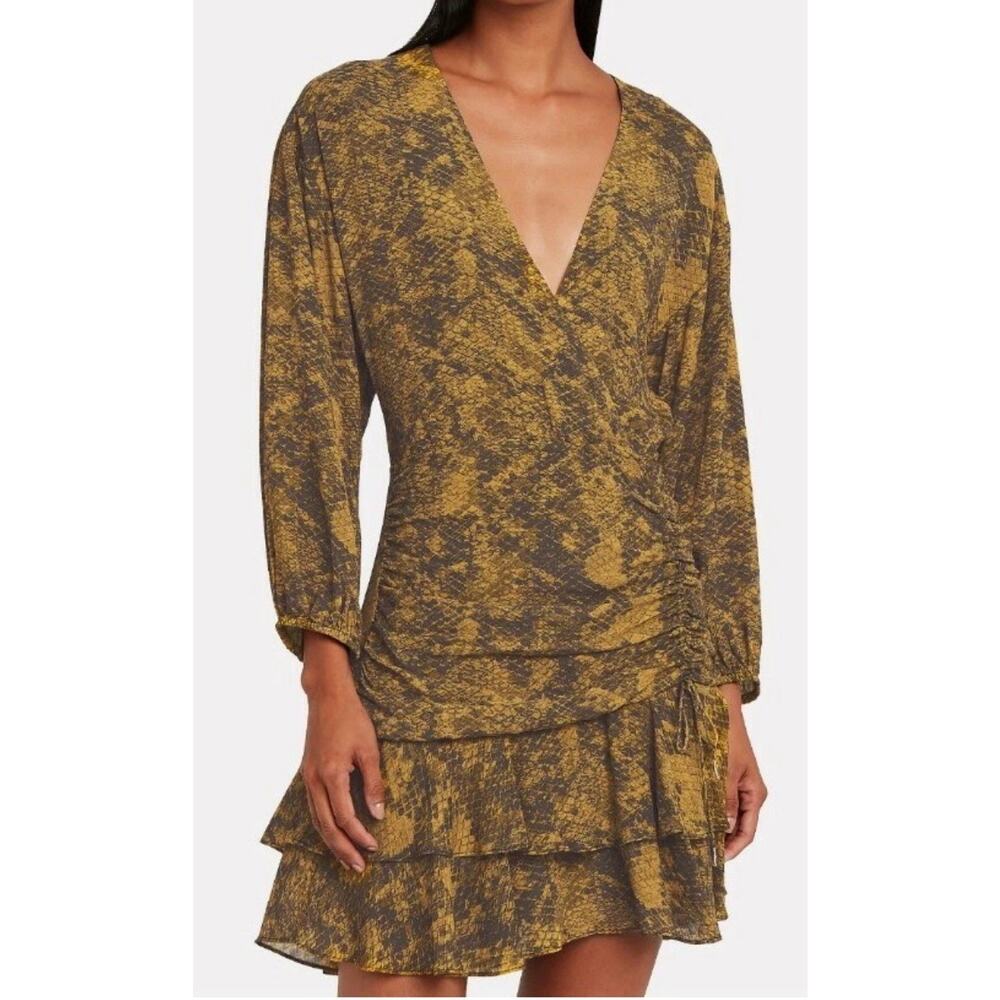 Saylor Gold Black Snakeskin Print Electric Mini Dress Sz L Ruffle Hem Ruched